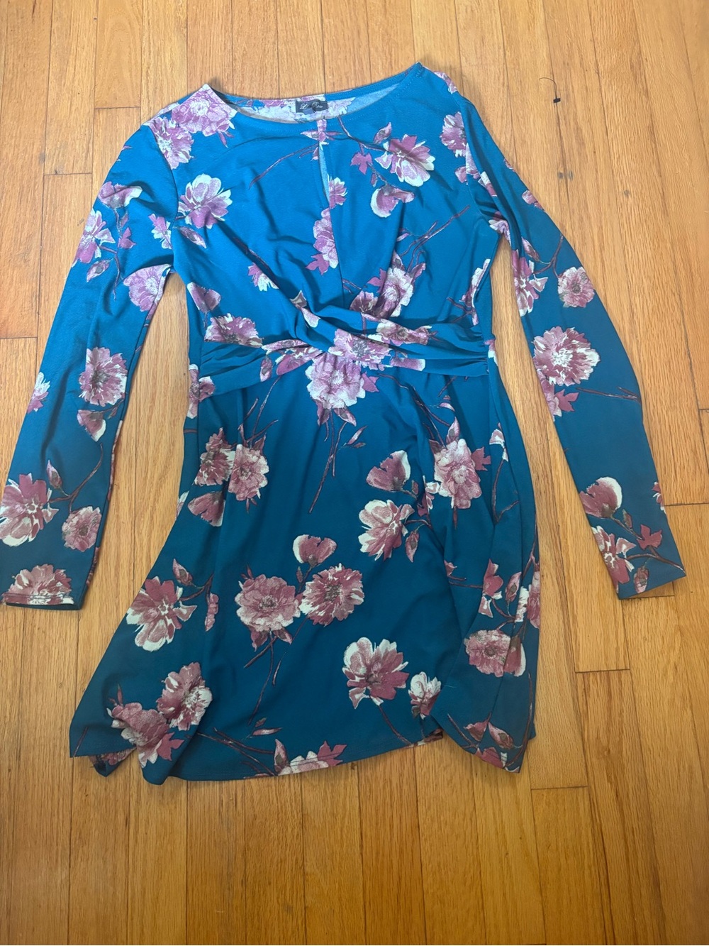 Lily Rose Teal Long-Sleeve Floral Twist-Waist Dress
